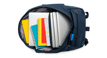 Open backpack filled with colorful notebooks, laptops, and writing tools ready for school or work.