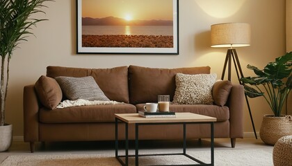 Warm living room interior with brown sofa and natural light decorations