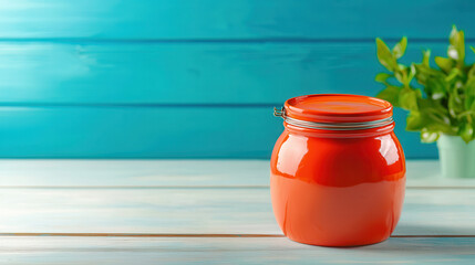A vibrant orange jar with a hinged lid sits on a light wooden surface against a bright turquoise backdrop, complemented by a small potted green plant on the side.