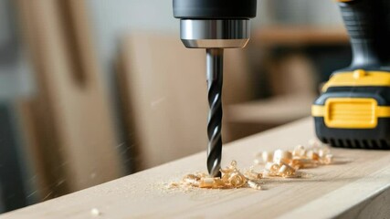 Close-up of power drill creating hole in wood with shavings around