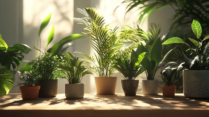 Assorted potted plants on a wooden surface with sunlight streaming through a window in the background