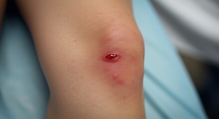 Human knee with a small open wound showing blood and inflamed skin.