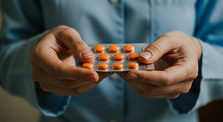 Close up of person holding blister pack of orange round pills.