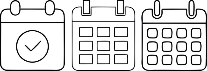 Set of 3 black-and-white calendar icons with checkmark, perfect for scheduling and productivity designs