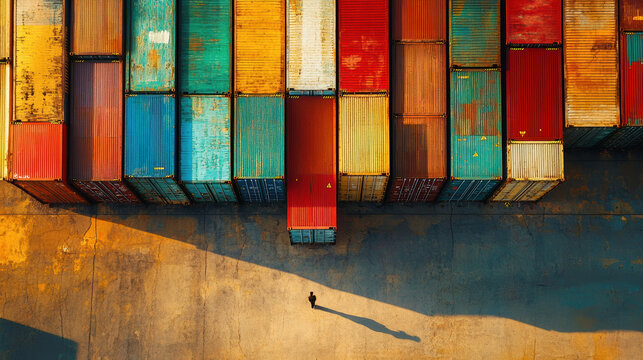 Aerial view of colorful shipping containers lined up in an industrial cargo yard