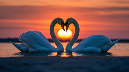 Fototapeta premium Two swans making a heart, Sunset landscape 