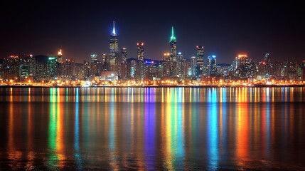 Obraz premium A vibrant city at night Skyscrapers lights and reflections on the water