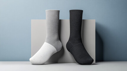 A mockup featuring light and dark gray socks with a blank label, ideal for branding