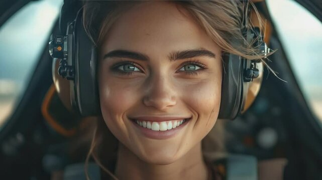 Smiling Pilot Woman: A captivating close-up portrait of a smiling woman pilot wearing headphones in a cockpit. Her bright eyes and confident smile exude a sense of adventure and excitement. 