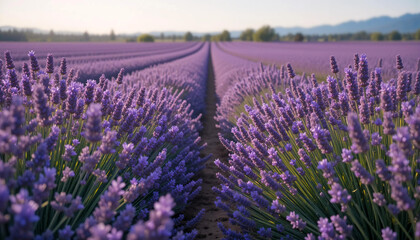 Obraz premium Lavender Fields in Full Bloom at Sunset Showcasing Rows of Vibrant Purple Flowers Under a Clear Blue Sky Generative AI