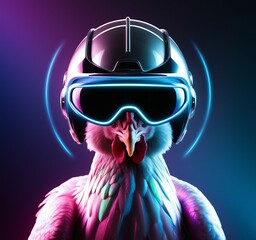 Hen wearing helmet and sunglass, neon effect