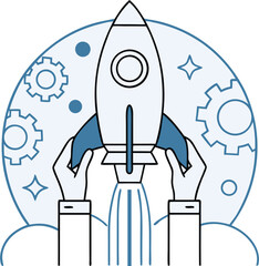 Rocket Launch Outline Style, Upward Thrust, Gears, Stars, Hand Support