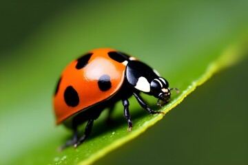 Ladybug on a green leaf. Ideal for themes involving nature, insects, gardening, biodiversity, and ecological balance