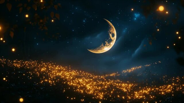 The dark night sky showcases the moon and stars, a celestial illustration of space and astronomy