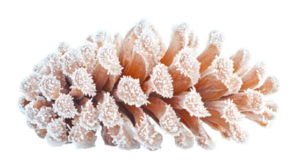 close-up of pine cone covered in morning frost, delicate textures, isolated on white