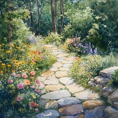 Obraz premium A winding stone path through a lush, colorful garden.
