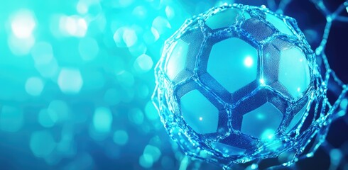 Naklejka premium Glowing Blue Digital Soccer Ball in Network Abstract Art