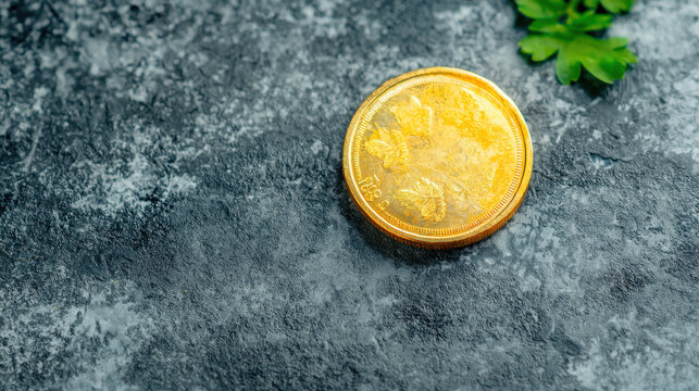 A shiny gold coin with detailed markings rests on a textured dark gray stone surface, accompanied by a sprig of fresh green parsley adding a touch of natural color. - Powered by Adobe