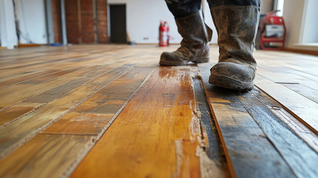 Installation in progress of a laminated wooden floor