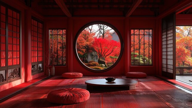 Autumnal Red Japanese Room with Garden View