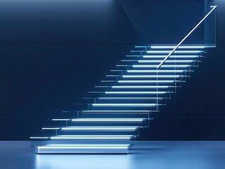 Fototapeta premium Futuristic smart staircase with stainless steel motionresponsive LED steps, AI integration, and an automated floating design