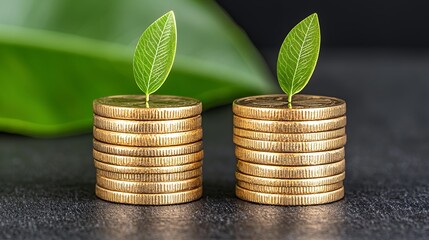 Golden Coins Stacked with Green Leaves Symbolizing Financial Growth and Investment