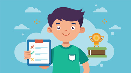 A young boy proudly holding a Tech Savvy certificate awarded to him for completing the Digital Citizenship program and demonstrating responsible use. Vector illustration