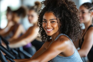 Fototapeta premium A group fitness class is depicted with participants energetically working out in activities like spinning and aerobics, all set against a vibrant gym studio backdrop