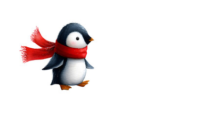 cute penguin with a red scarf, sliding on icy slope, winter theme, watercolor