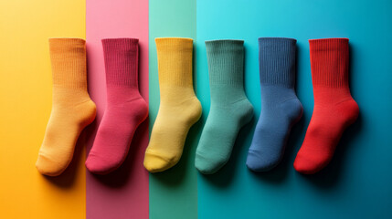 Plain socks displayed on a colorful backdrop in a minimalist style