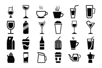 set of black drink icons. coffee, tea, juice, wine, cocktails, beverage icons, set of 24 minimal drink icons, for restaurant menu, web page, mobile app, packaging design