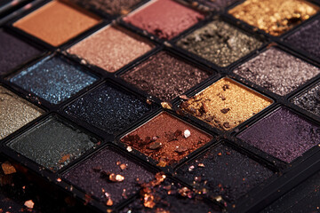 Fototapeta premium close up of a makeup palette with many different colors. The palette is full of glitter and the colors are very bright