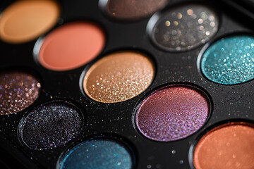 Naklejka premium close up of a makeup palette with a variety of colors including blue, purple, and orange