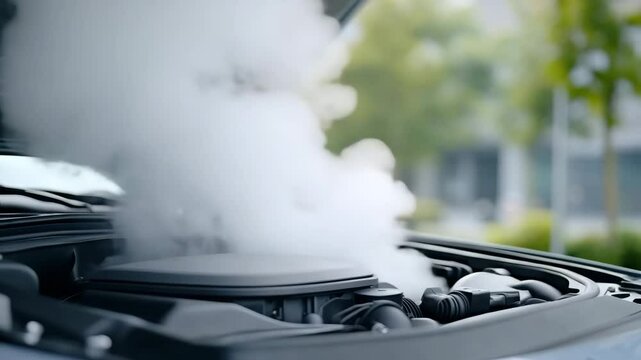 Open car hood revealing engine overheating, with thick white steam rising.