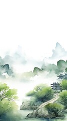 Fototapeta premium Chinese village in green mountains backgrounds landscape outdoors.
