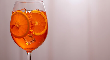 Refreshing orange cocktail in a glass with ice. Fruity drink with slices of orange for a party or celebration.