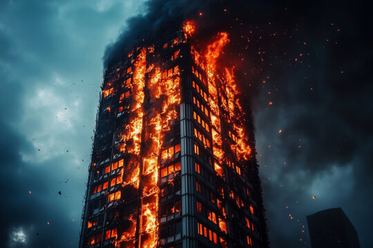 building is on fire with smoke and fire coming out of the windows. The sky is cloudy and the fire is spreading