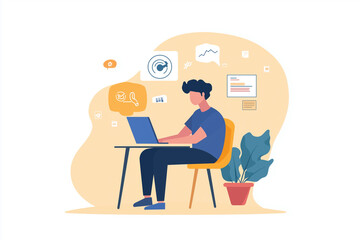man is sitting at a desk with a laptop and a potted plant. He is focused on his work, possibly typing or browsing the internet. Concept of productivity and concentration