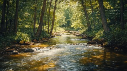 Obraz premium Sunlight streams through the trees, illuminating a clear river flowing through a lush forest.