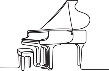 Elegant minimalist one-line drawing of grand piano and stool