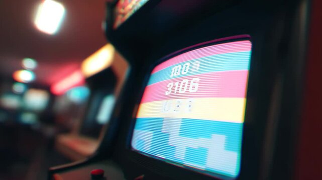 Close-up of retro arcade machine screen displaying colorful game interface, evoking nostalgia, vintage gaming culture, and classic entertainment