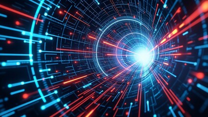 Obraz premium Futuristic abstract tunnel with vibrant blue and red light trails emanating from a bright center.