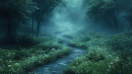 Obraz premium Misty forest path winding through lush greenery