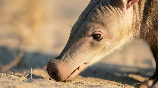 Close-up of aardvark sniffing ground in natural habitat