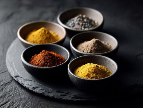 Aromatic spice collection arranged in dark bowls, presented on slate platter - Powered by Adobe