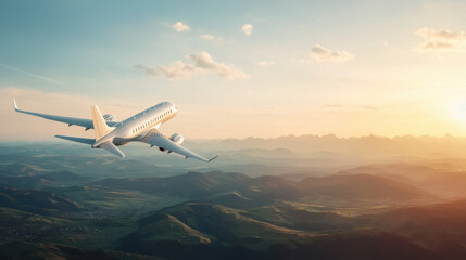 Naklejka premium A private jet soars gracefully over a vast landscape of rolling hills and distant mountains bathed in the warm glow of a setting sun on a clear, tranquil day.