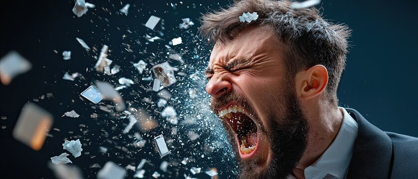 A man expressing intense by throwing his phone, his face showing visible signs of anger and irritation.