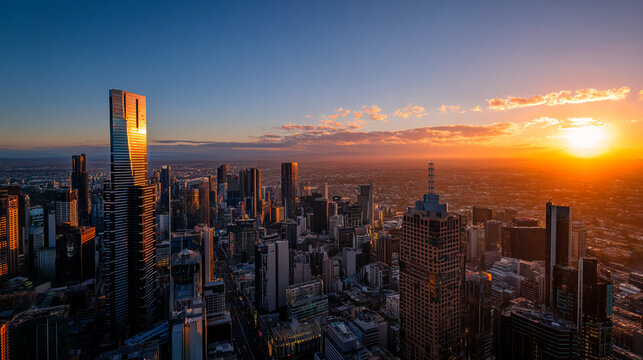 Aerial sunset view of city skyline, skyscrapers illuminated by golden hour light, showcasing urban landscape, architecture, and modern city development