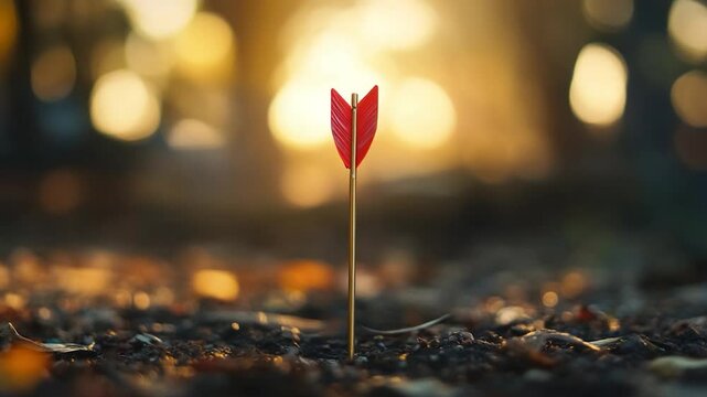 Red arrow stuck in the ground, symbolizing focus in a serene forest