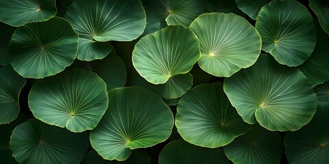 Lush green round leaves with prominent veins in a natural setting showcasing vibrant foliage and Copy Space for text placement
